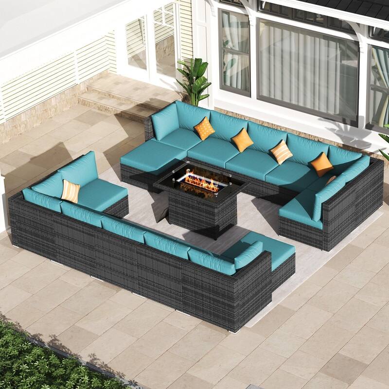 FINCATI 15-Piece Grey Wicker Patio Conversation Sofa Set with Ottomans, 43″ Fire Pit Table
