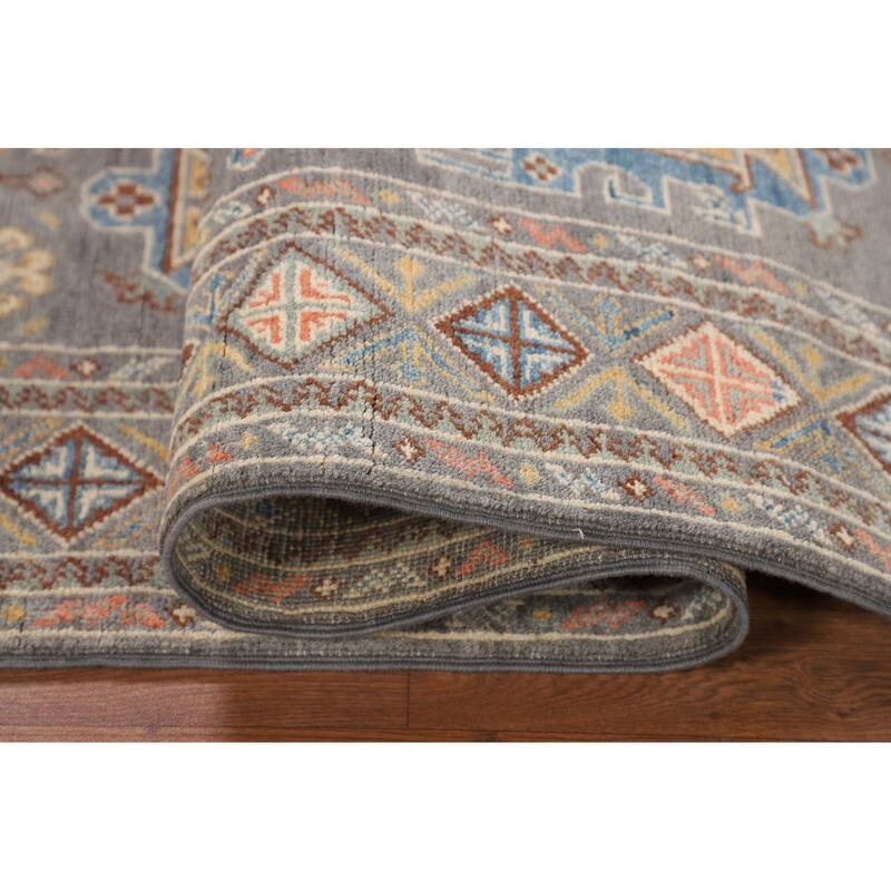 Traditional Kazak Oriental Area Rug Hand-Knotted Grey Wool Carpet - 4'1" x 6'2"