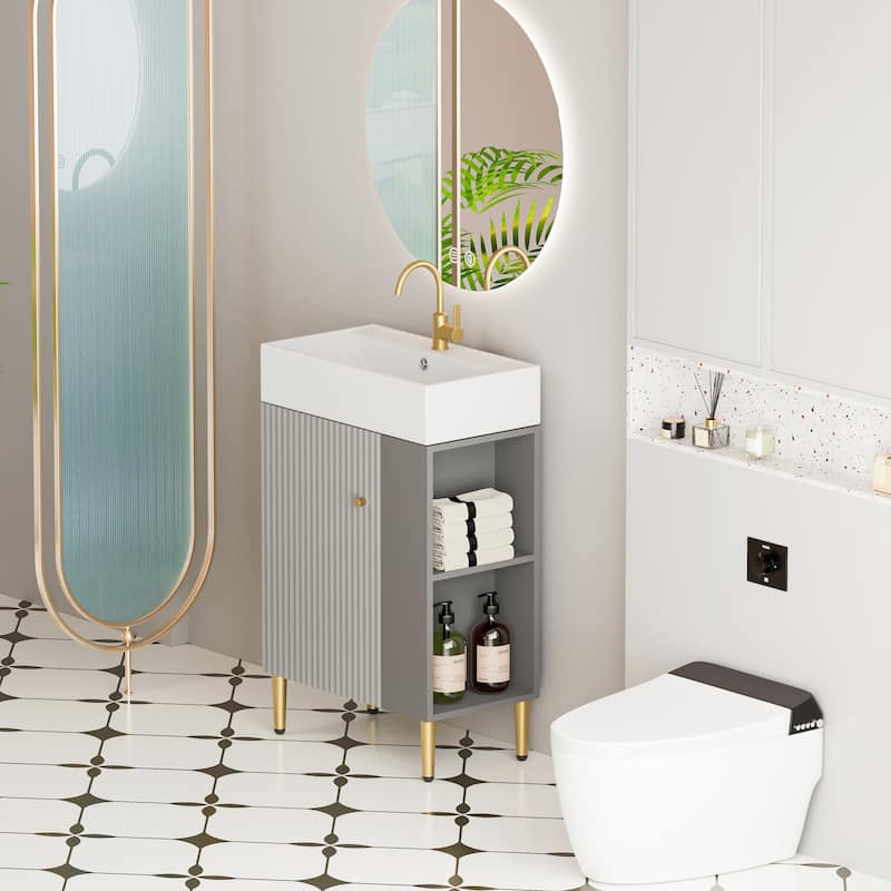 Open-shelving Bathroom Vanity with Ceramic Sink and Soft-Closing Door, Cloakroom Open Shelf Storage Cabinet on the Left Side