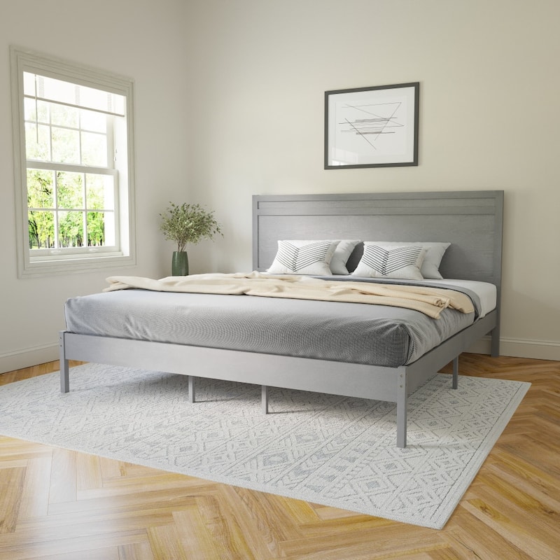 Modern Solid Wood Platform Bed with Headboard and Wooden Slats - Gray - King