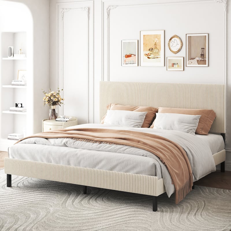 King Bed Frame With A Bandaged Headboard Is Stable And Easy To Assemble, And The Style Is Simple And Elegant - Beige