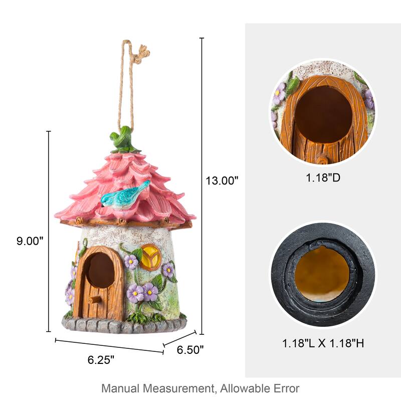 Glitzhome 9''H Resin Pink Yellow Roof Outdoor Garden Birdhouse