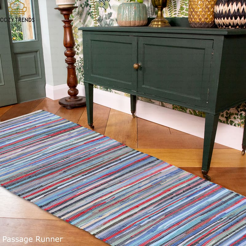 Hand Woven Bohemian Cotton Chindi Rugs, Floor Rectangle Rug, Bed Side Rugs Runner, Hallway Rug , Yoga Mat| 24''x72'' - 2' x 6' Runner - Multi