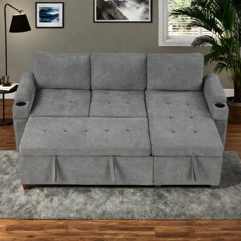 83.5" Chenille L-Shaped Sectional Sofa with Convertible Sofa Bed, Storage Chaise, Cup Holders & USB Ports - Gray
