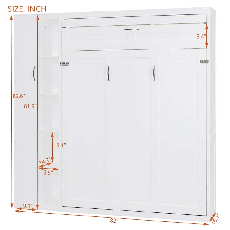 Multifunctional Foldable Murphy Bed Queen Wall Cabinet Bed with Open Storage Shelves, LED Light and Small Closet for Guest Room