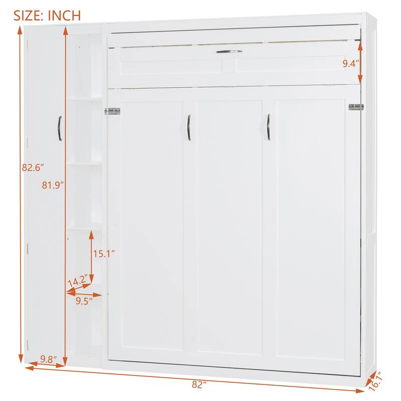Space-Saving Full Size Wall Bed with Shelves, Wardrobe, and LED Lights, White