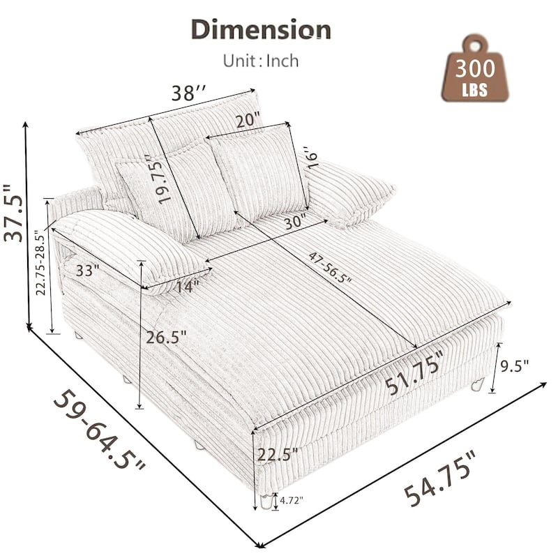 Reclining Sleeper Sofa Bed Single Chaise Lounge Corduroy Upholstered Lounge Couch Chair with Adjustable Backrest and Pillows