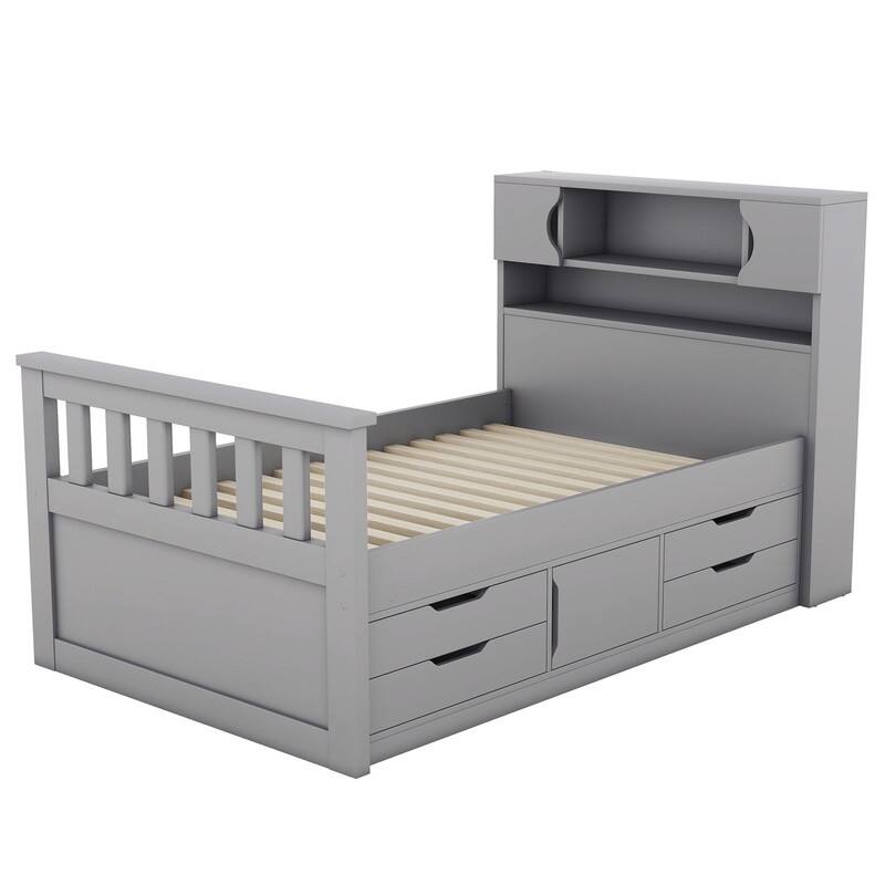 Twin/Full Size Captain Platform Bed with 4 Drawers and Storage Bookcase Headboard, Solid Wood Bed Frame with Storage Shelves
