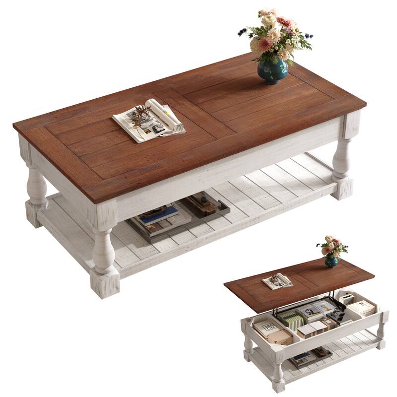Roomfitters 41" Farmhouse Lift Top Coffee Table, Wood Center Table with 3 Storage Trays and Lower Shelf