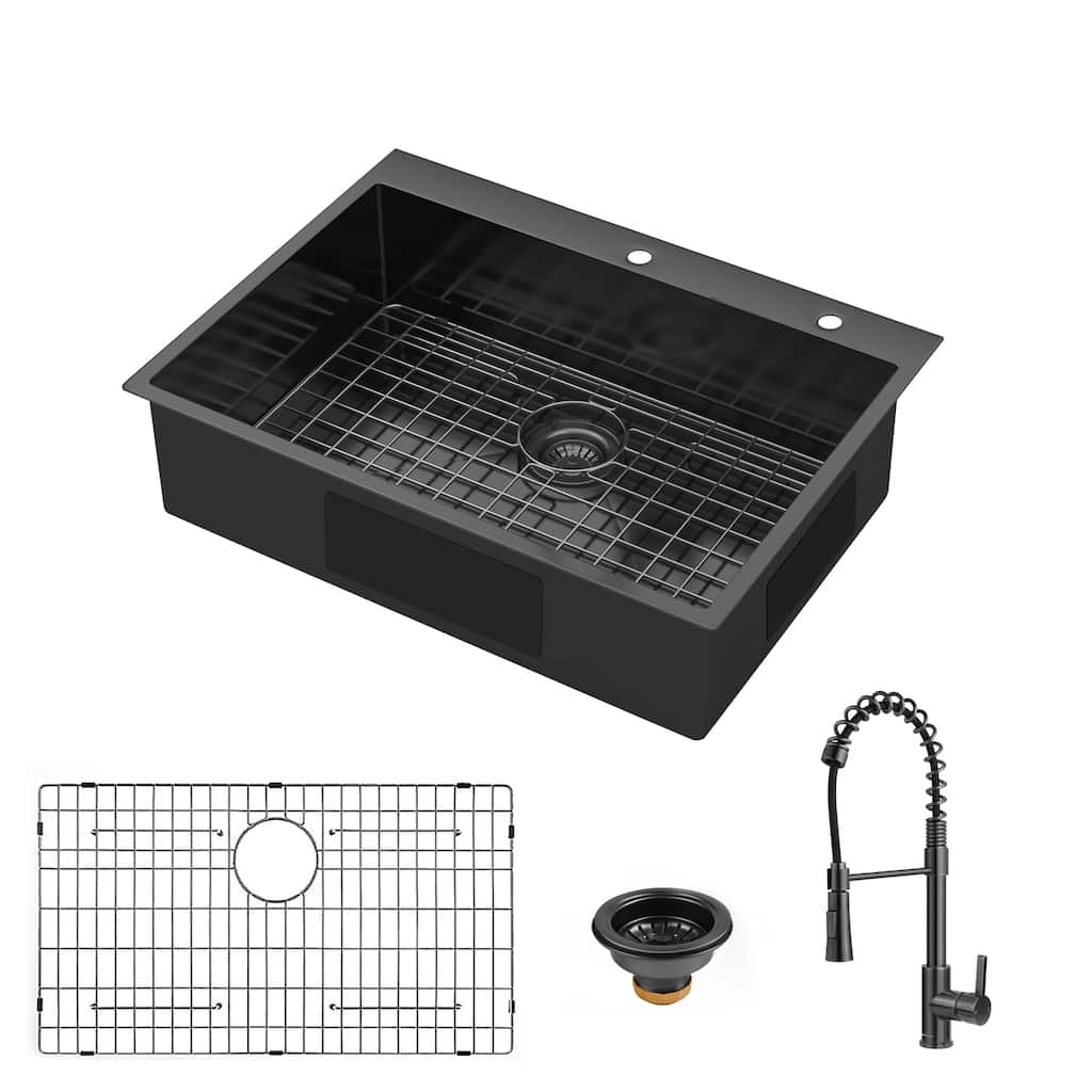 30x22 Inch Gunmetal Black Drop in Topmount 18 Gauge Stainless Steel Single Bowl Kitchen Sink with Pull Out Faucet