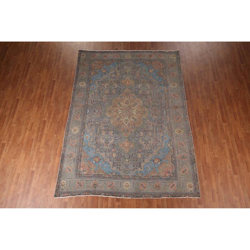 Gray Tabriz Persian Vintage Rug Hand-Knotted Wool Carpet - 8'0"x 10'10"