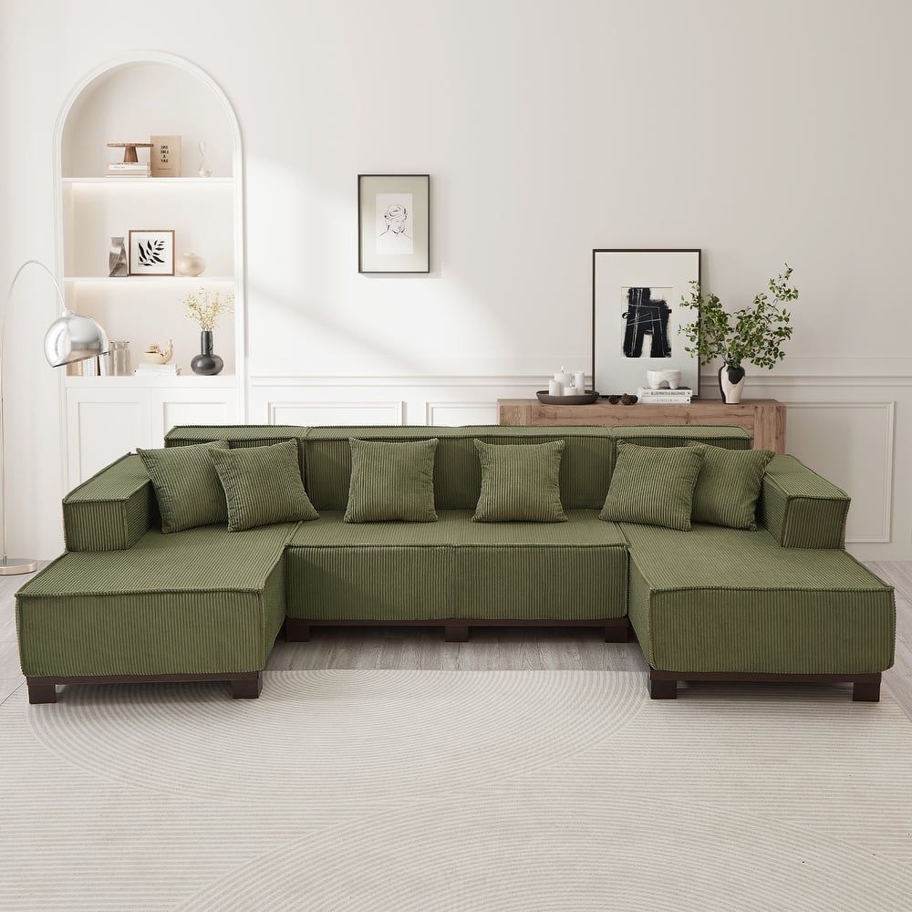 Modern U-Shaped Sectional Sofa Set Stripe Corduroy Upholstered Sofa with Light Strip and 6 Pillows