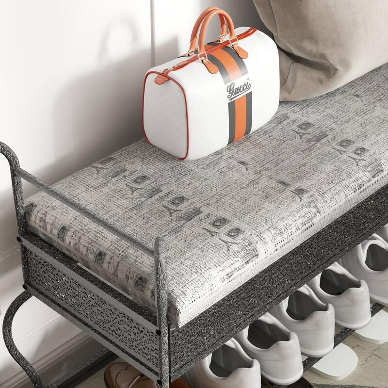Shoe Rack Bench for Entryway, Industrial Bench, Rustic Shoe Rack for Small Spaces, Upholstered Entryway Bench - Black and Silver