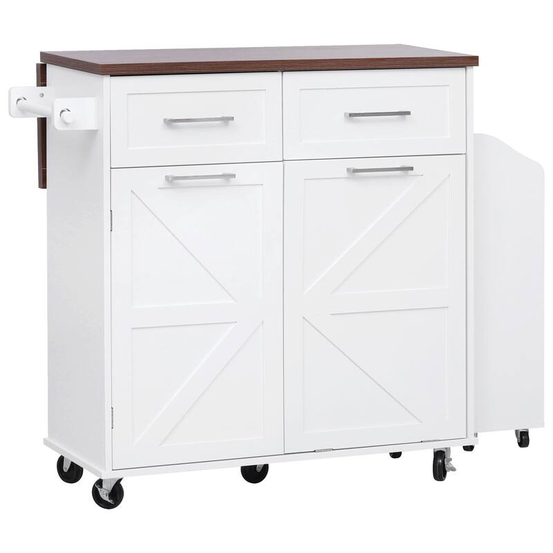 Roomfitters 47.2" Farmhouse Kitchen Island with Drop Leaf, Tilt Trash Can Cabinet, Removable Mobile Side Racks