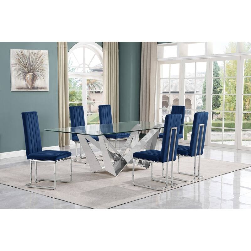 Best Quality Furniture D402/3-SC340-7 Dining Set with 94" 15mm Glass with Bevel - Navy Blue / Silver - 7-Piece