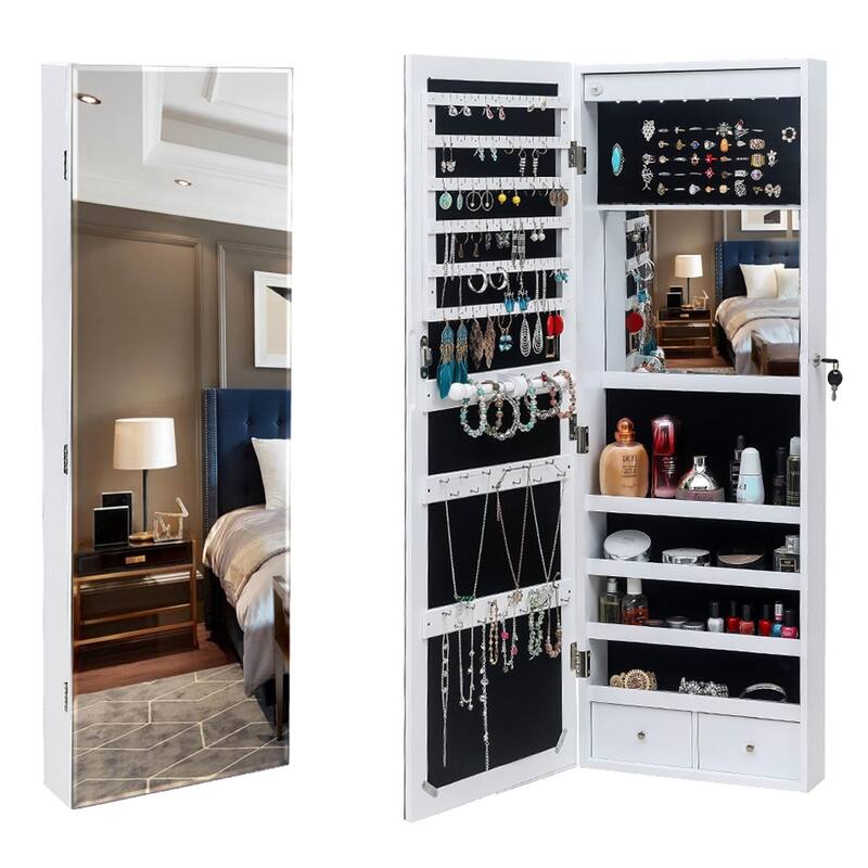 Full Mirror Wall Mounted White Jewelry Armoire Cabinet