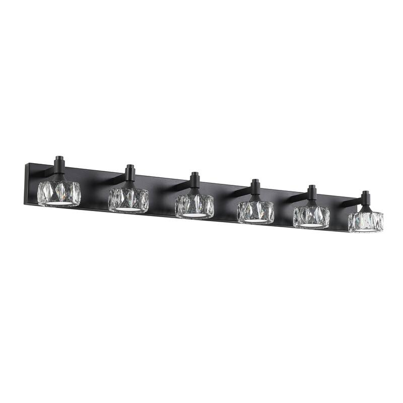 Modern 6-Light Matte Black LED Vanity Light Fixture with Crystal Glass Shades, Bathroom Wall Sconce