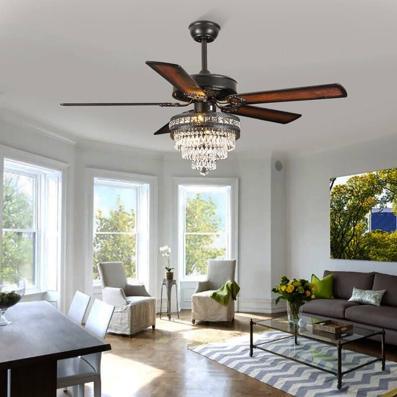 52"/62" Modern Crystal Chandelier Ceiling Fan Light,Reversible Airflow,E12 Bulbs,for Bedroom,Kitchen,Patio