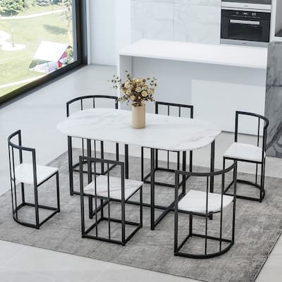 7-Piece Dining Table Set with Faux Marble Compact
