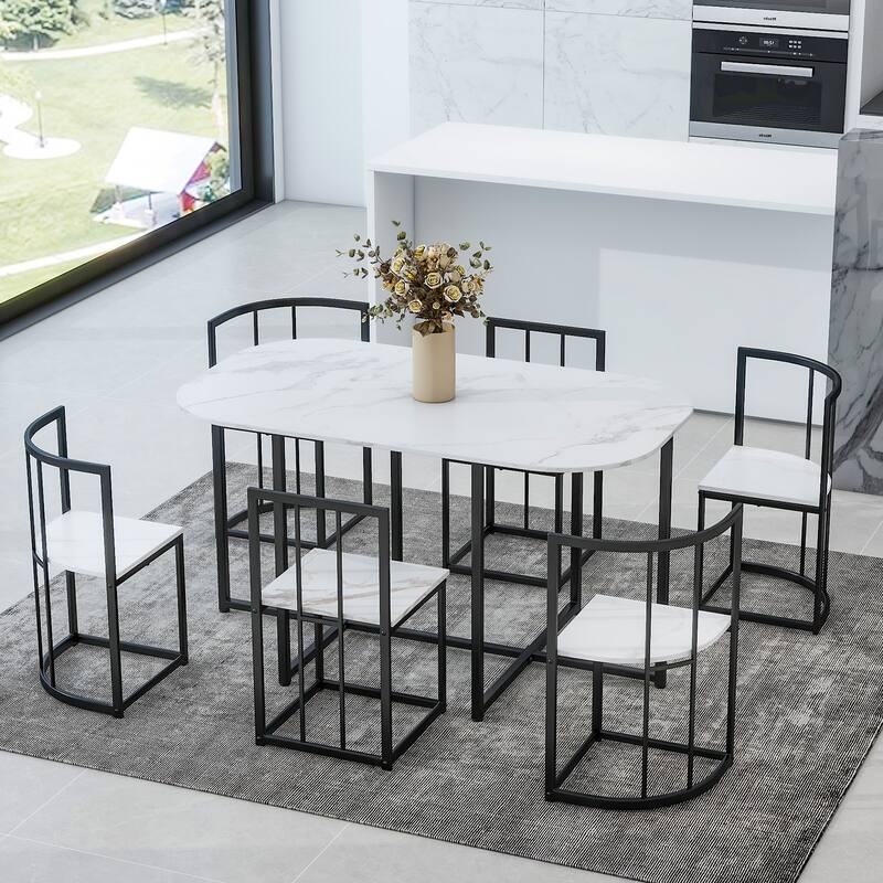 Half Round Dining Room Table with Metal Frame, 7-Piece Elegant Kitchen Dining Table and Chair Set for Apartment