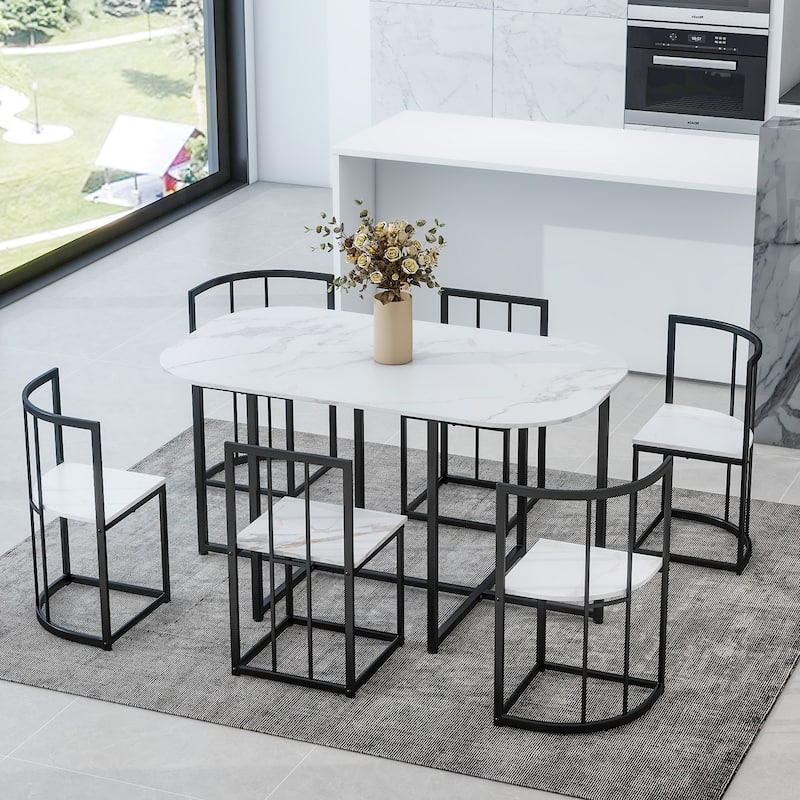 Roomfitters Modern 7-Piece Dining Table Set, 55" Faux Marble Kitchen Table with 6 Space-Saving Metal Chairs for 6 - White+Black