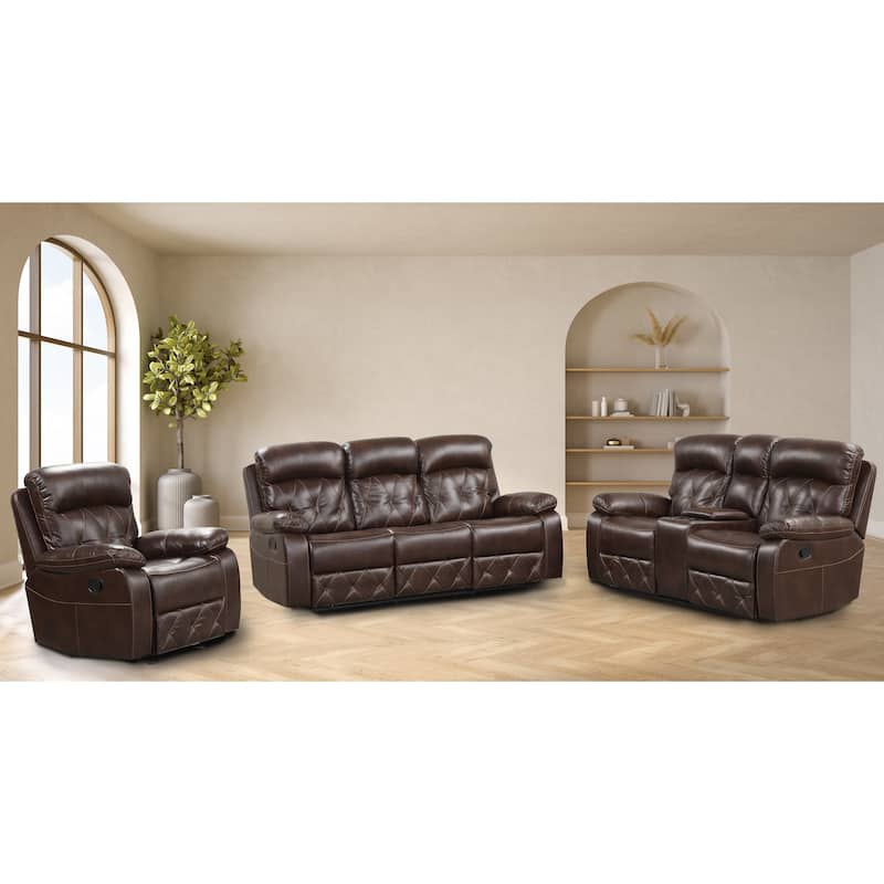 Owen 3-Piece Brown Breathable Leather Manual Reclining Sofa Set - Brown