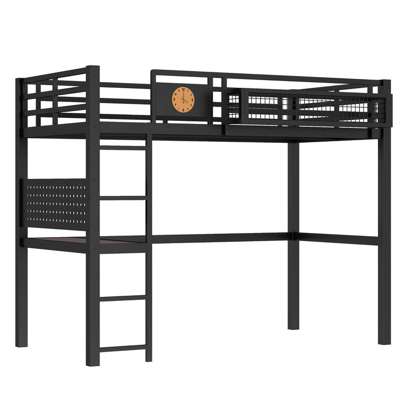 Metal Loft Bed with Desk & Storage Basket, Includes Alarm Clock & Charging Port, Queen/Full/Twin XL