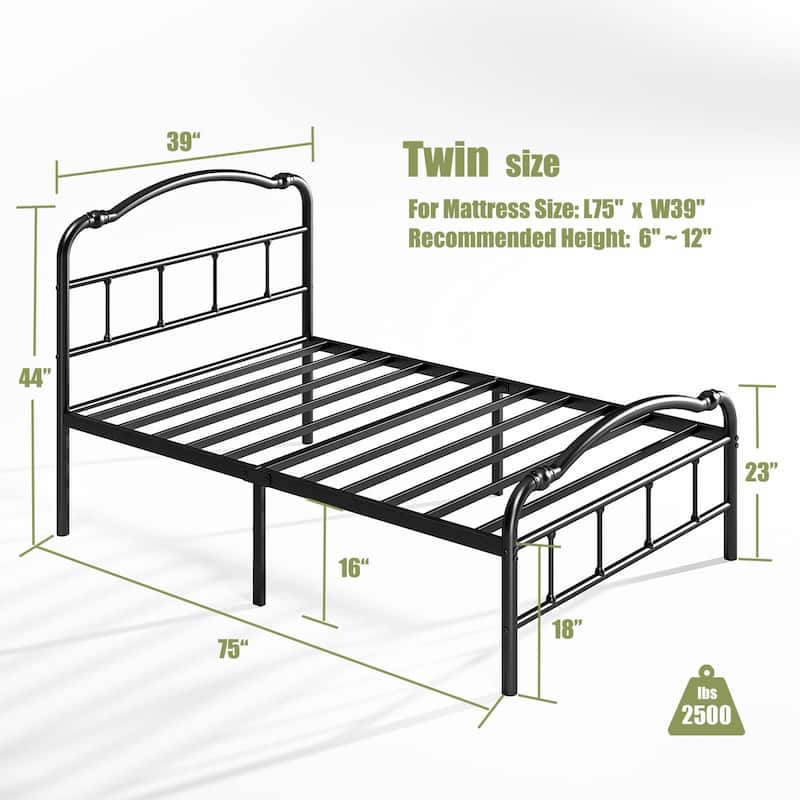 Heavy Duty Anti-Sway 18 Inch High Steel Tube Iron Bed, Double Wave Headboard And Footboard