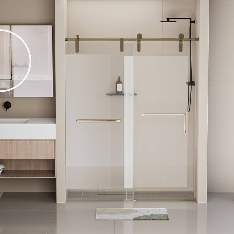 56-60" W x 76" H Single Sliding Frameless Shower Door with 5/16" (8mm) Tempered Glass & Dual Towel Bars