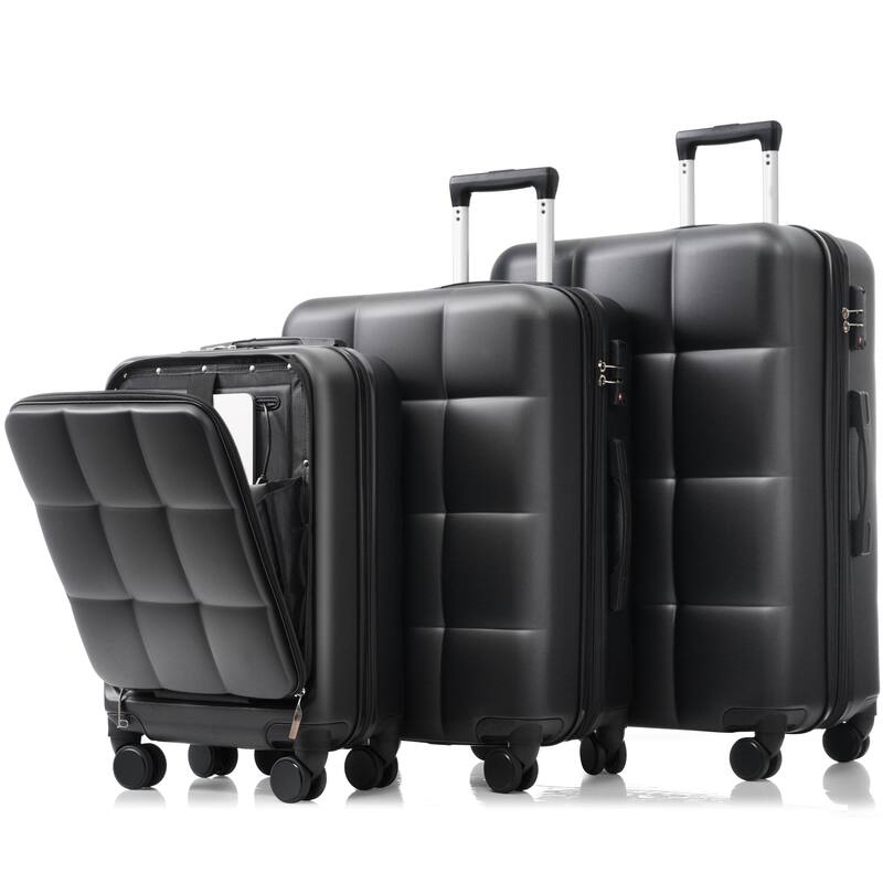 Merax Suitcases 3 Piece ABS Hardshell Front-Opening Luggage Sets with USB Port and Spinner Wheels & Cup Holder, for Men Women