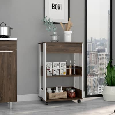 Verona Kitchen cart, Three Shelves, Four Casters -White / Dark Walnut