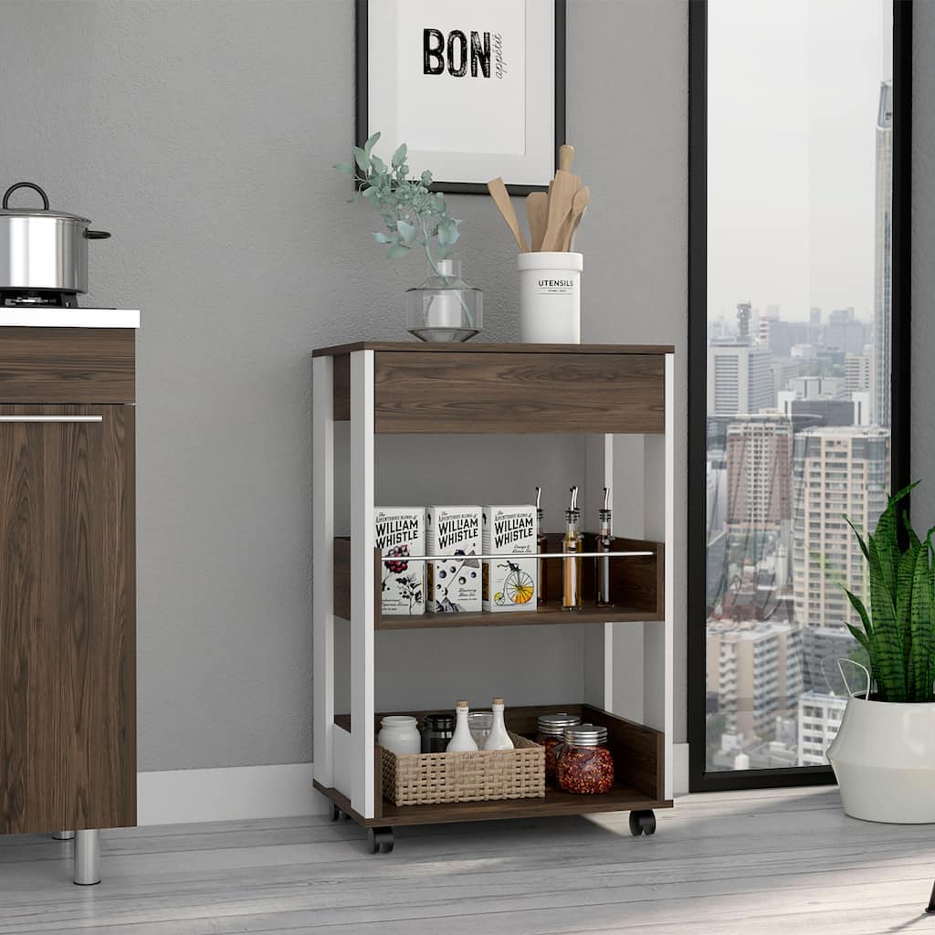 Verona Kitchen cart, Three Shelves, Four Casters -White / Dark Walnut