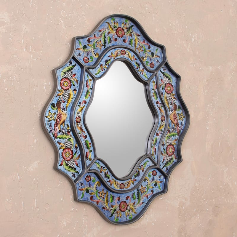 Handmade Revers Painted Bright Blue Sky Flower Mirror (Peru) - 9.75 " W x 13.0" H