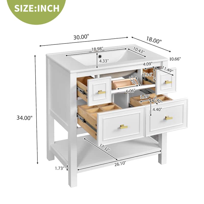 30'' Bathroom Vanity with Ceramic Sink Combo, Free Standing Single Vanity Set with 5 Drawers