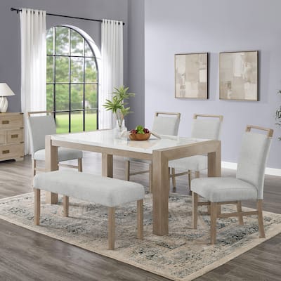 6Pc 66"W Rectangular White Faux Marble Top Dining Set in Light Oak Finish with Bench