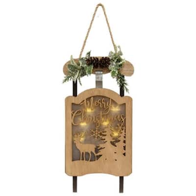 Rustic Wooden Christmas Sled Wall Decor with LED Lights and Jute Rope for Holiday Display - 12" H x 5.5" W x 1.5" D
