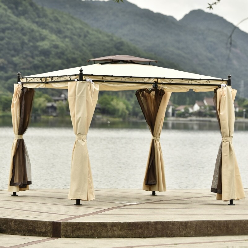 AOOLIVE 9.3ft.Wx8.5ft Patio Gazebo with Mosquito netsandPolyester Curtains,Beige