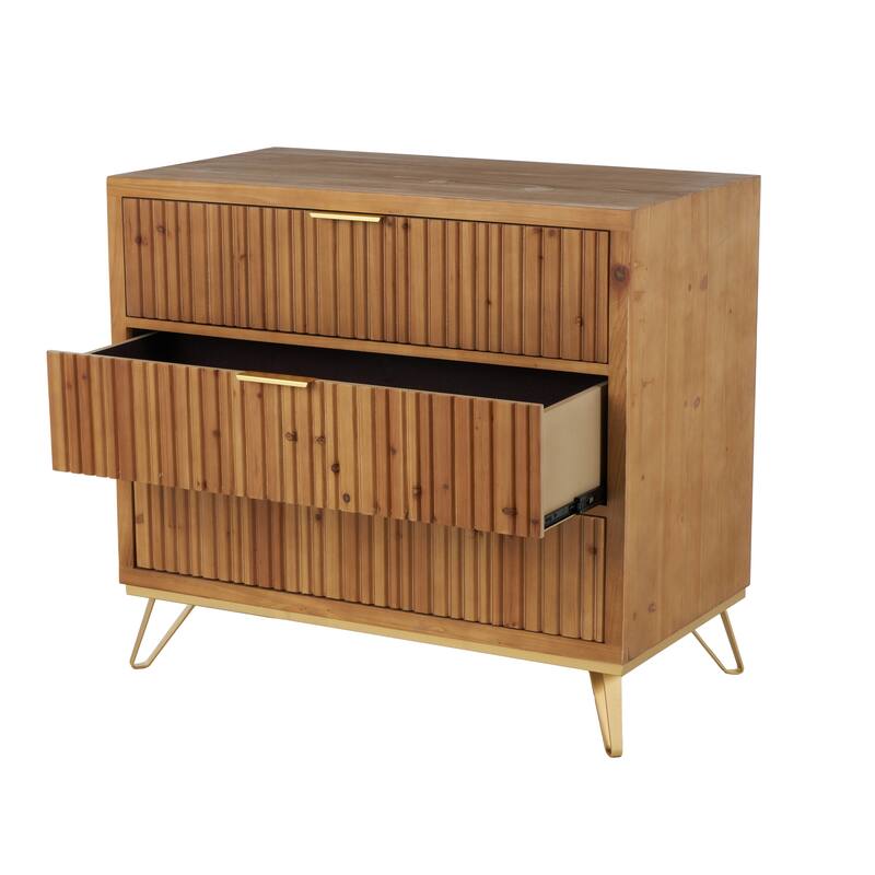 Wooden Ribbed 3 Drawer Chest with Gold Handles and Legs - Brown - Roche River Decor