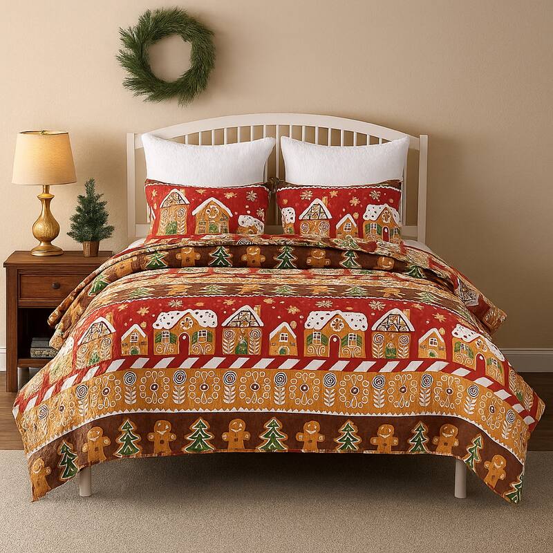 Redu 2pc Twin Size Quilt Set, Holiday Theme Gingerbread Microfiber