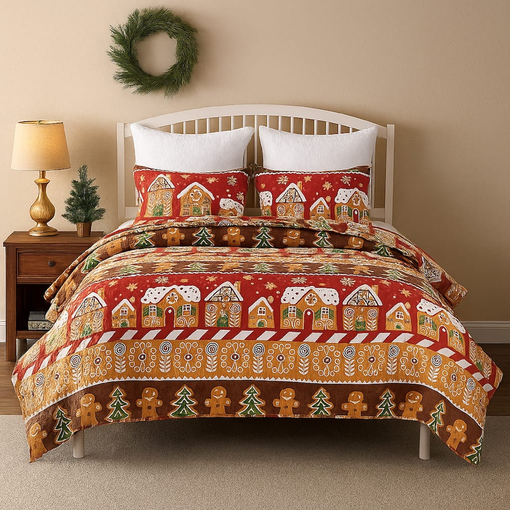 Redu 2pc Twin Size Quilt Set, Holiday Theme Gingerbread Microfiber