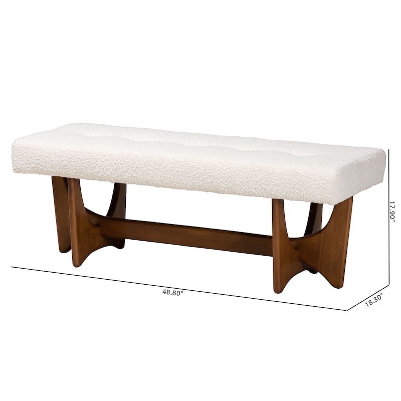 Theo Japandi Cream Boucle Fabric and Walnut Brown Finished Wood Bench