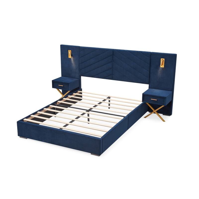 Queen Size Velvet Upholstered Bed Frame with Wingback Headboard, Wooden Slats, No Box Spring Needed