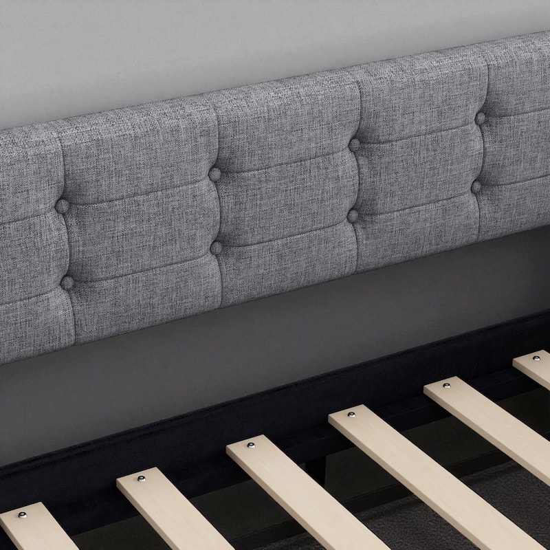 Queen Size Upholstered Daybed with Linen Fabric, Solid Wood Frame & 4 Support Legs, Sofa Bed for Guest Room