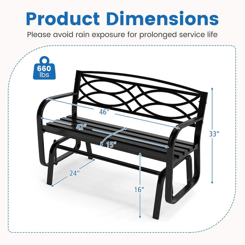 2-Person Black Patio Loveseat Outdoor Glider Bench with Metal Frame and Smooth Rocking Motion - 24" x 46" x 33"