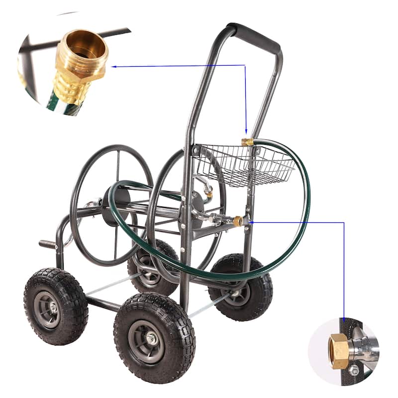 4 Wheels Portable Garden Hose Reel Cart with Storage Basket - 4 Wheels