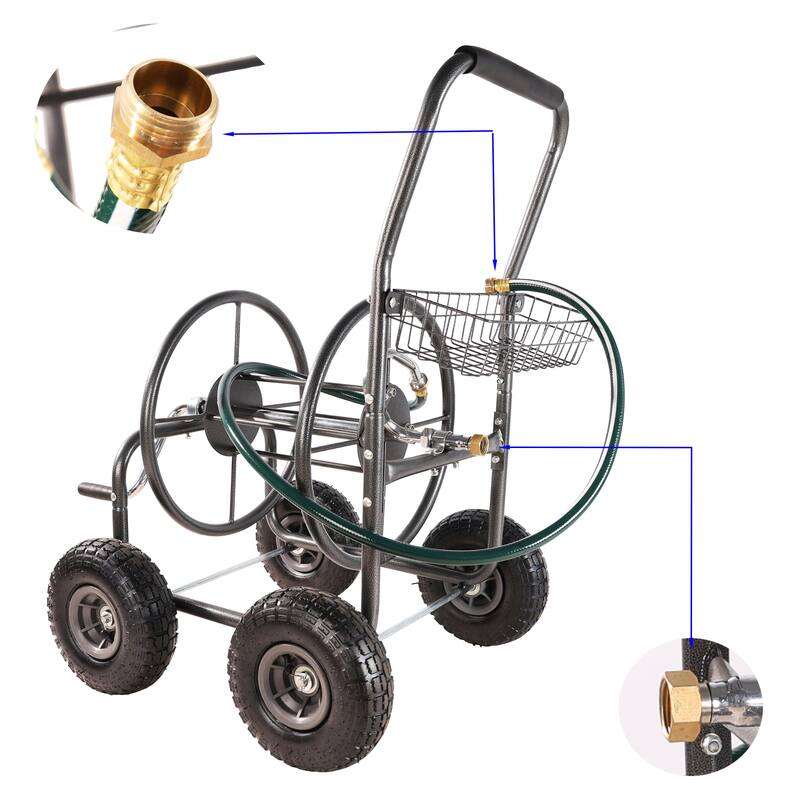 Heavy-Duty 4-Wheel Garden Hose Reel Cart - Portable with Storage Basket & Rust-Resistant