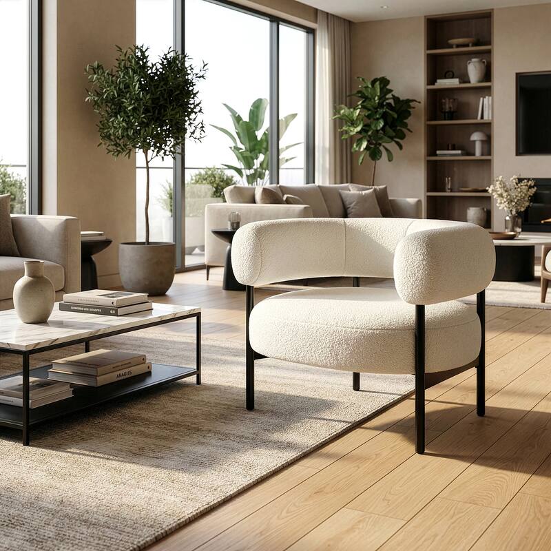 Ayuka White Boucle Accent Chair with Black Iron Legs