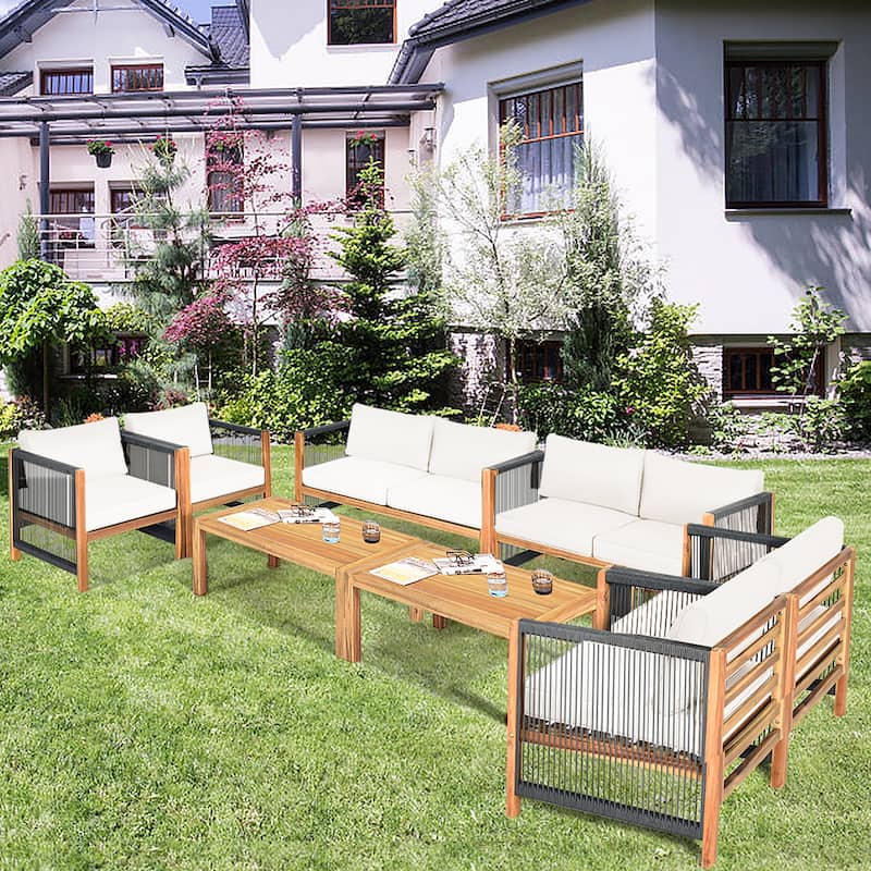 Costway 8PCS Wooden Patio Furniture Set Cushioned Sofa W/Rope Armrest