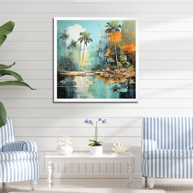 Designart "Tropical Jungle River III" Coastal Tropical Wall Decor Green Coastal Entryway Framed Wall Art Print - 30 in. wide x 30 in. high - White