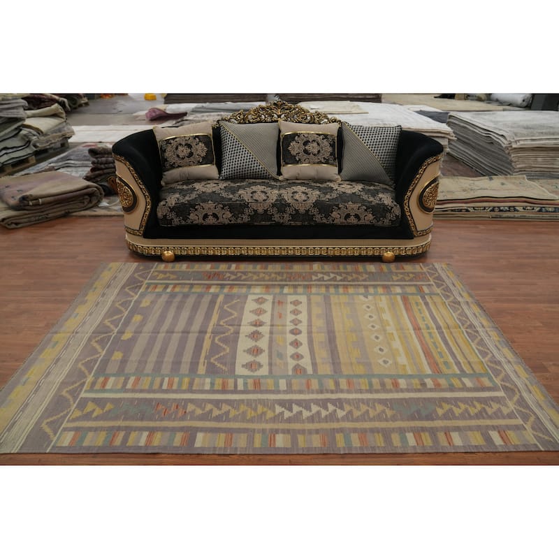 Hand Woven Oriental 100% Wool Carpet Southwestern Tribal Purples Kilim Area Rug - 8' 7'' X 5' 8''